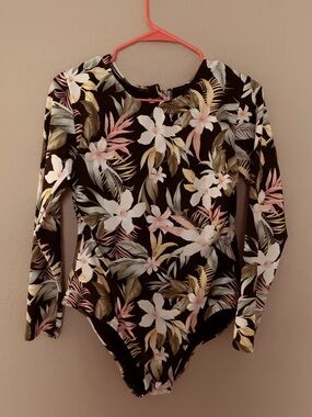 Kona Sol Black Floral Long Sleeve One-Piece Swimsuit